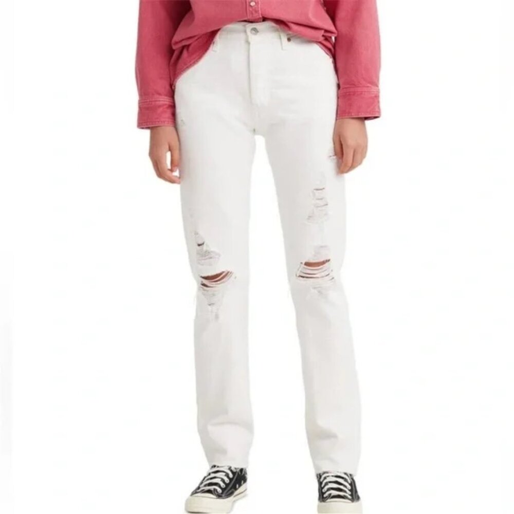 Levi’s 501 Original Fit Straight Leg Jeans Distressed White Denim 27 W x 32 L